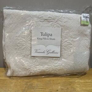 Veranda Galleries Tulipa King Pillow Sham Cream Embossed Embroidered‎ Scalloped